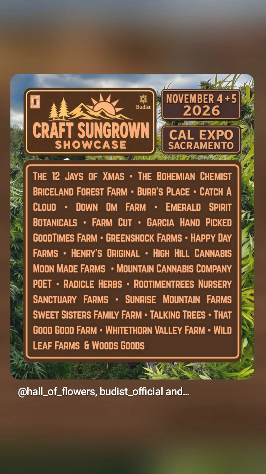 Craft Sungrown Showcase lineup for November 4 and 5, 2026 at Cal Expo in Sacramento. Greenshock Farms is in the featured farm list.
